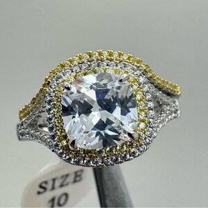 Beautiful Sterling Silver Cushion Cut CZ Halo Ring Yellow Accents Size 10 New